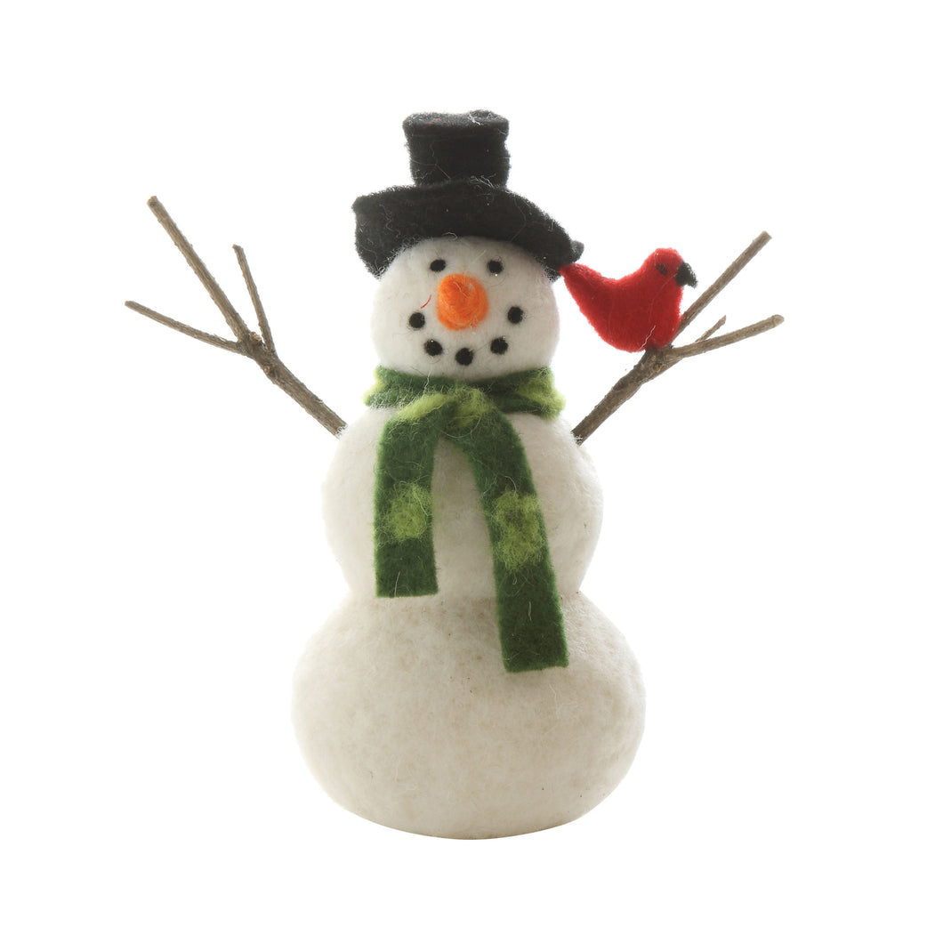 Wool Felt Snowman with Cardinal, 7.5in