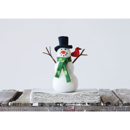 Wool Felt Snowman with Cardinal, 7.5in