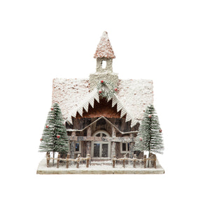 LED Christmas Cabin with Bottle Brush Trees, 11in