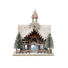 Load image into Gallery viewer, LED Christmas Cabin with Bottle Brush Trees, 11in
