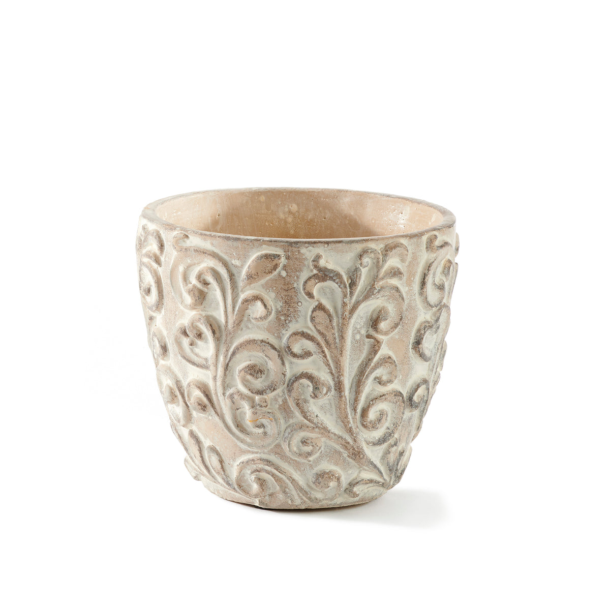 Pot, 4in, Cement, Cream Scroll Pattern
