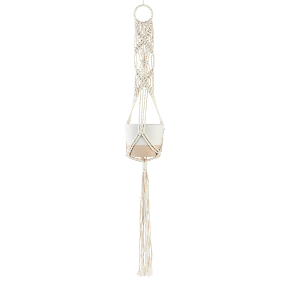 Pot, 3.5in, Ceramic, Ivory with Macrame Hanger