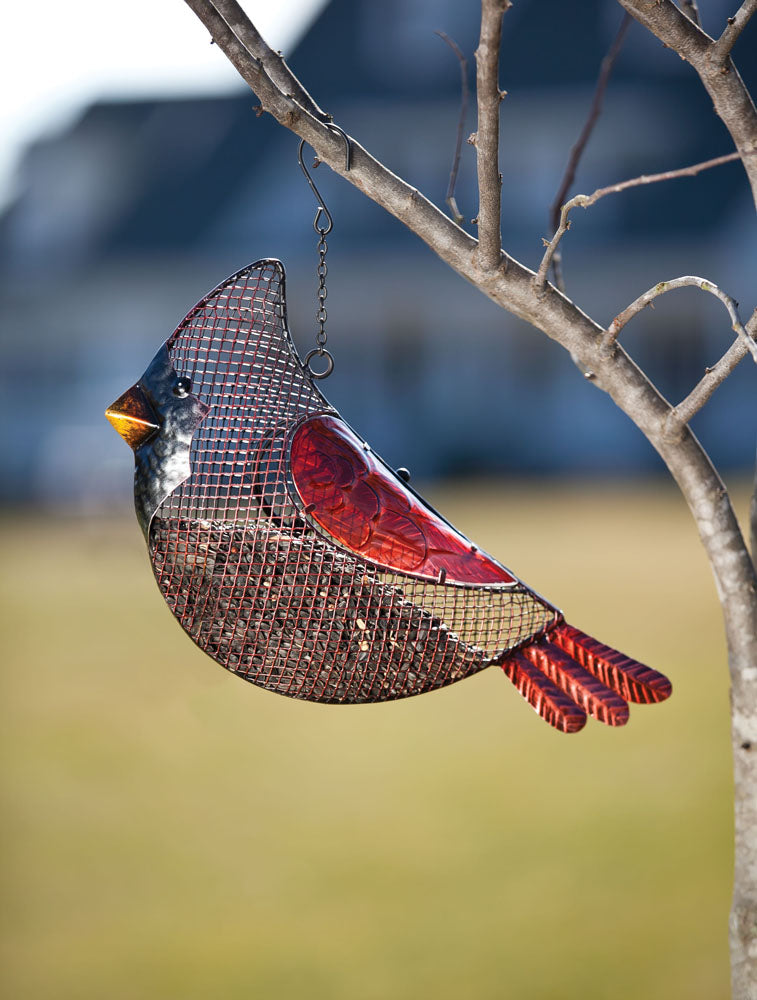 Metal Mesh & Glass Cardinal Hanging Bird Feeder