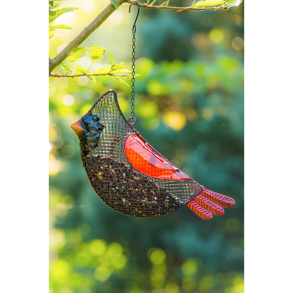 Metal Mesh & Glass Cardinal Hanging Bird Feeder