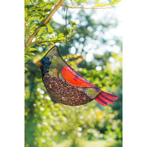Metal Mesh & Glass Cardinal Hanging Bird Feeder