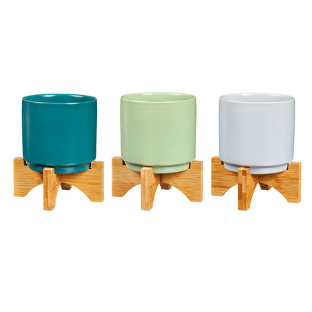 Pot, 3.5in, Ceramic, with Wood Stand, 3 Asst