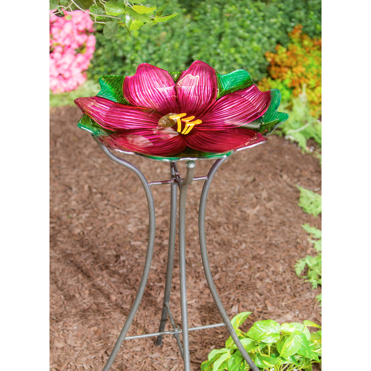 Shaped Glass Bird Bath, Pink Flower, 18in