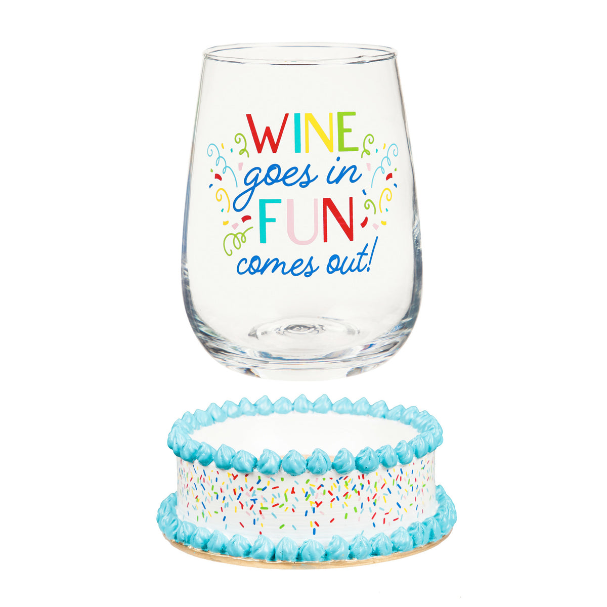 Stemless Wine Glass w/Coaster Base, Fun Comes Out