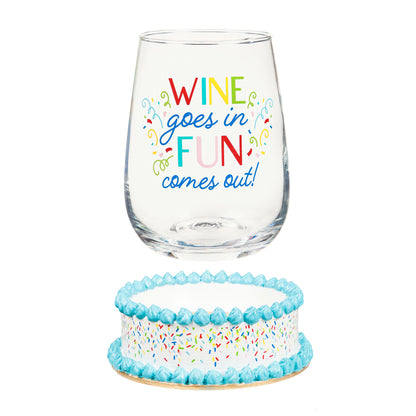 Stemless Wine Glass w/Coaster Base, Fun Comes Out