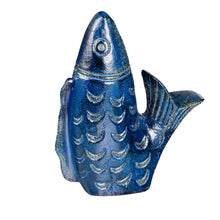 Load image into Gallery viewer, Artisan Distressed Metal Blue Fish Statue, 9.5in
