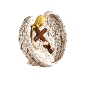 Polyresin Angel with Cross Garden Statue, 8in