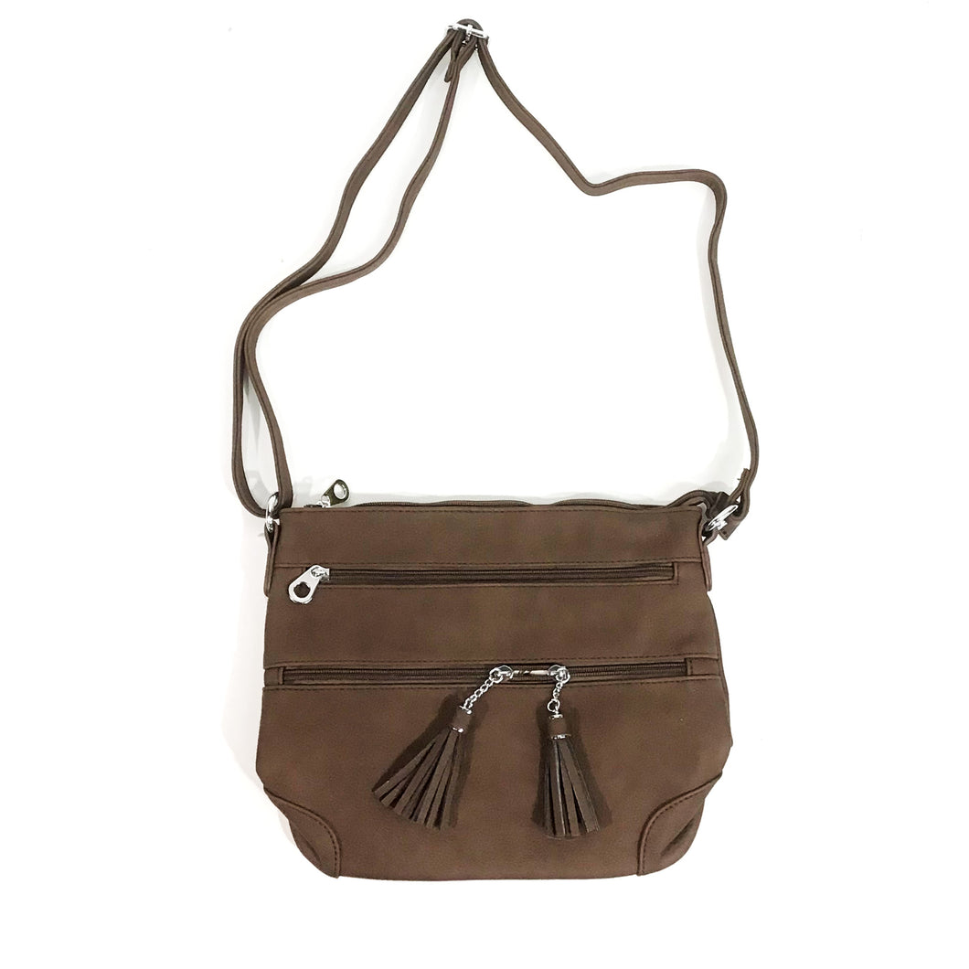 Sierra Crossbody Bag with Tassel Zippers, Coffee