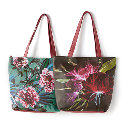 Floral Tote with Faux Leather Accents, 2 Styles