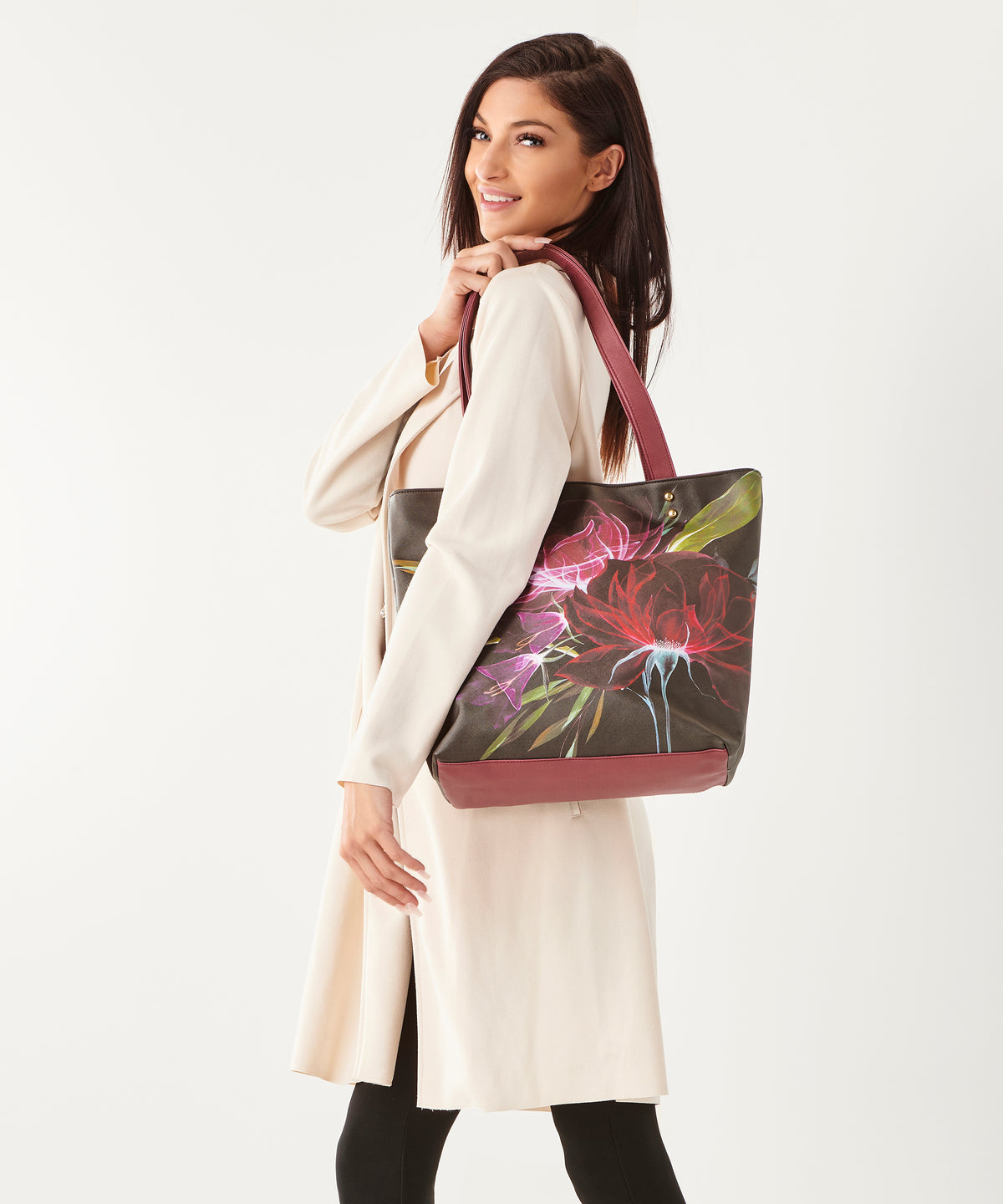 Floral Tote with Faux Leather Accents, 2 Styles