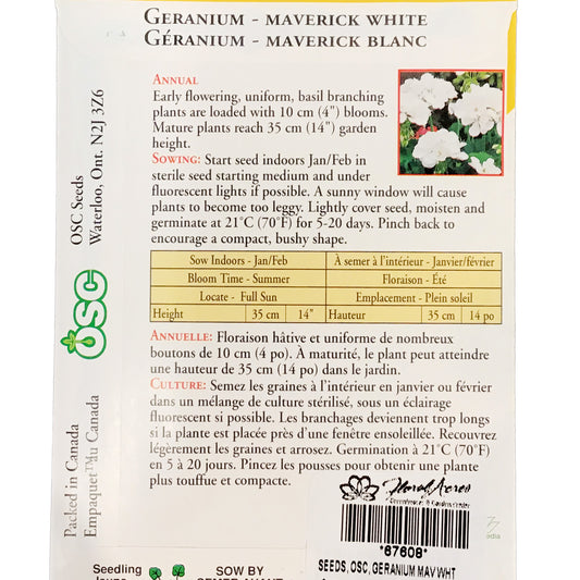 Geranium - Maverick White Seeds, OSC