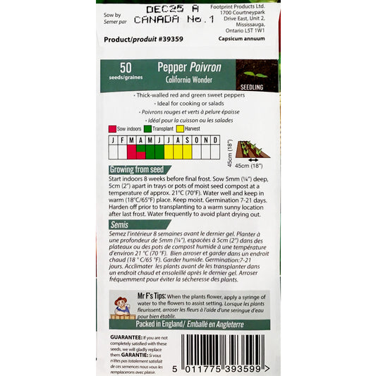 Pepper - Californian Wonder Seeds, Mr Fothergill's