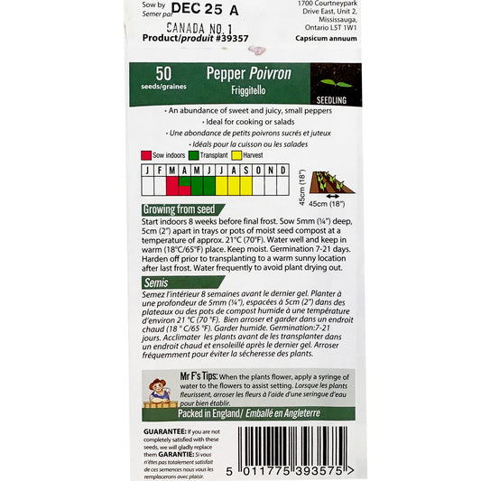 Pepper - Friggitello Seeds, Mr Fothergill's