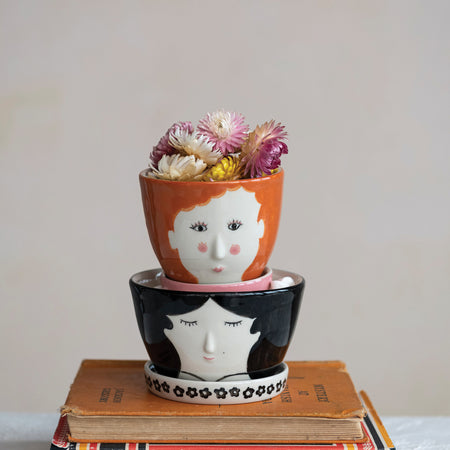 Pot, 3.5in, Stoneware, Ginger Girl with Saucer