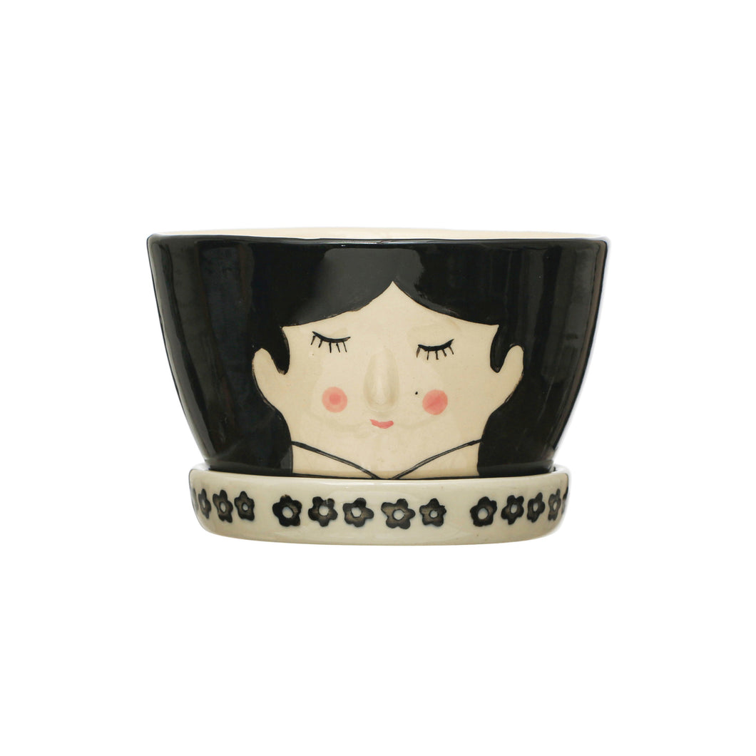 Pot, 4in, Stoneware, Black-Haired Girl with Saucer