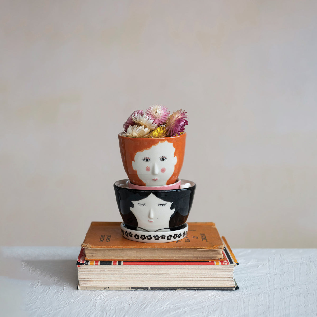 Pot, 4in, Stoneware, Black-Haired Girl with Saucer