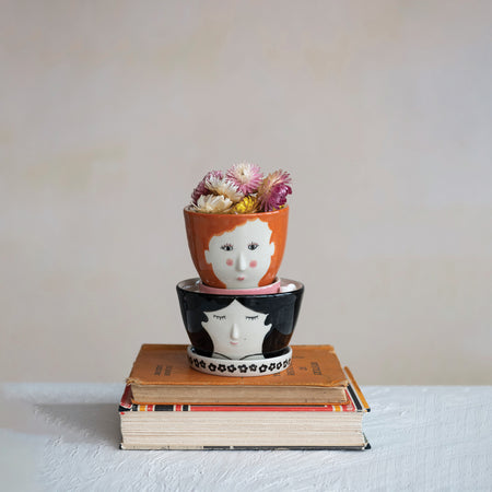 Pot, 4in, Stoneware, Black-Haired Girl with Saucer