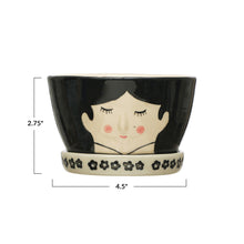 Load image into Gallery viewer, Pot, 4in, Stoneware, Black-Haired Girl with Saucer
