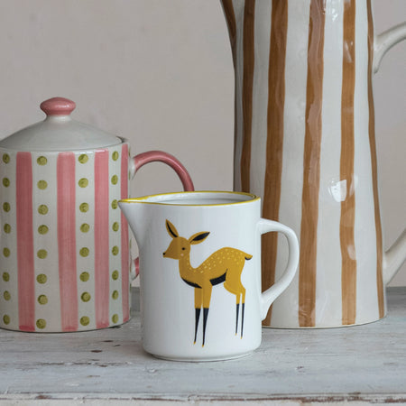 Stoneware Creamer with Deer & Yellow Rim, 12oz