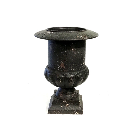 Distressed Black Metal Urn Planter, 11.5in