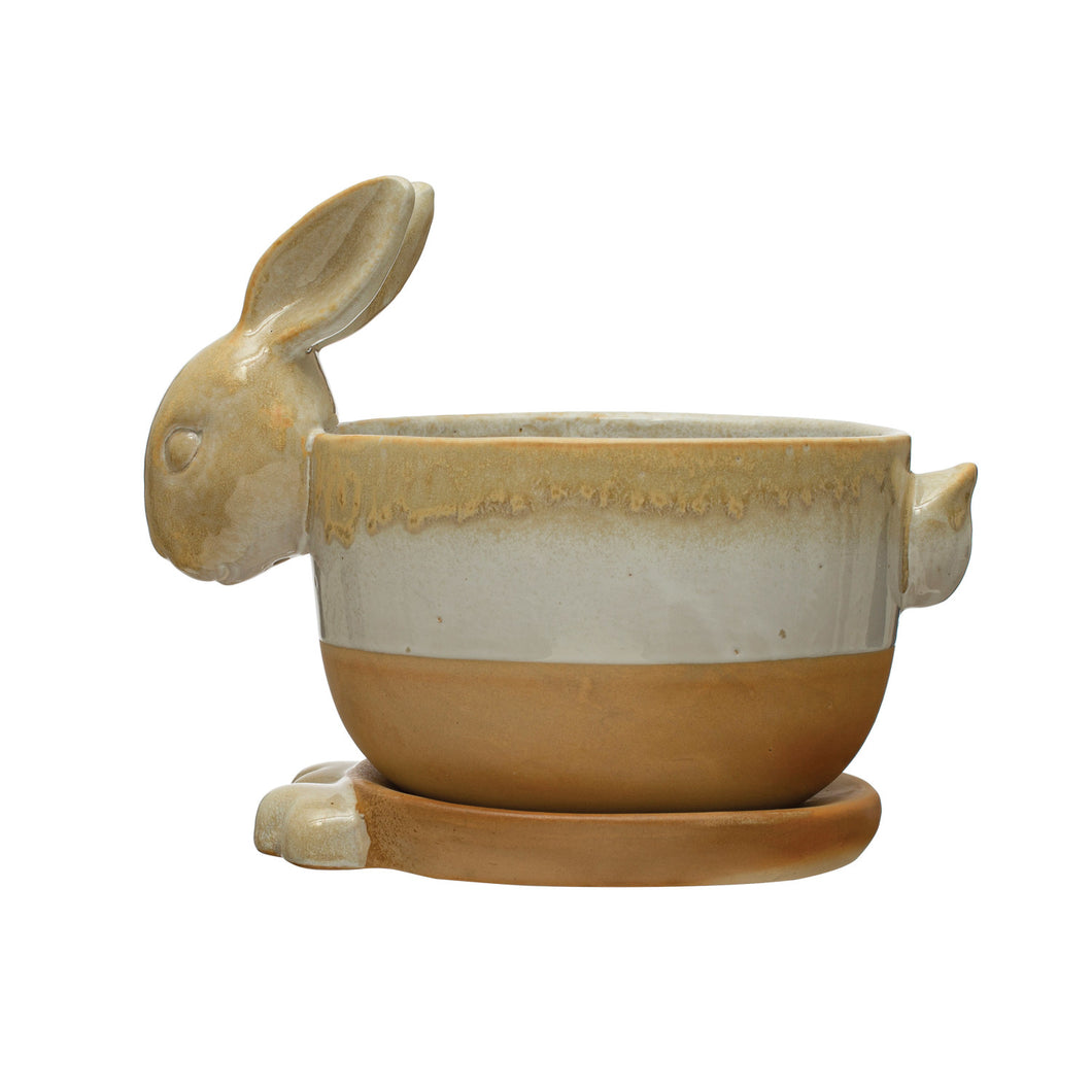 Pot, 5in, Stoneware, Rabbit with Saucer