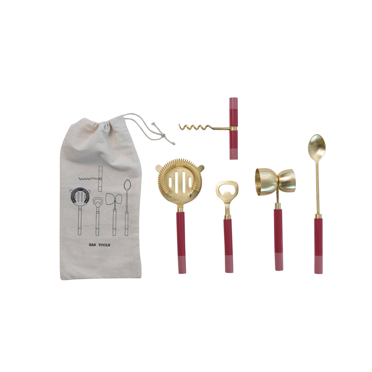 Steel & Resin Bar Tools, Brass & Pink, Set of 5