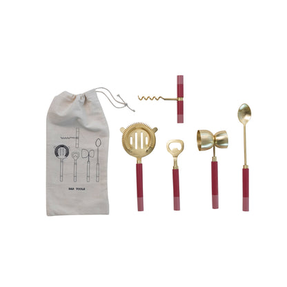 Steel & Resin Bar Tools, Brass & Pink, Set of 5