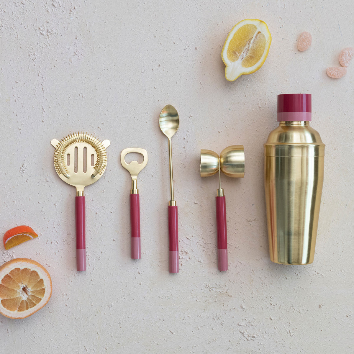 Steel & Resin Bar Tools, Brass & Pink, Set of 5