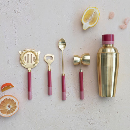 Steel & Resin Bar Tools, Brass & Pink, Set of 5