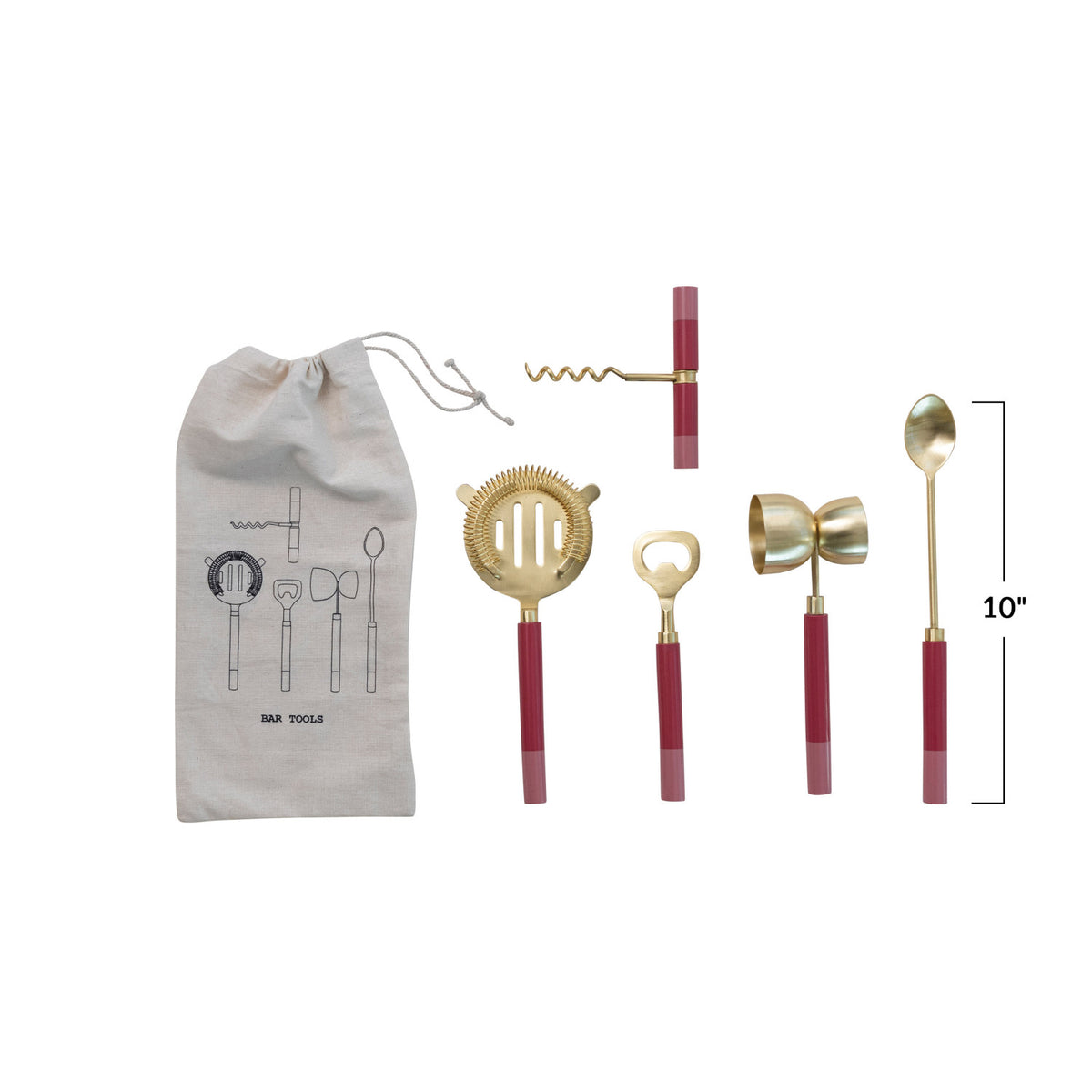 Steel & Resin Bar Tools, Brass & Pink, Set of 5