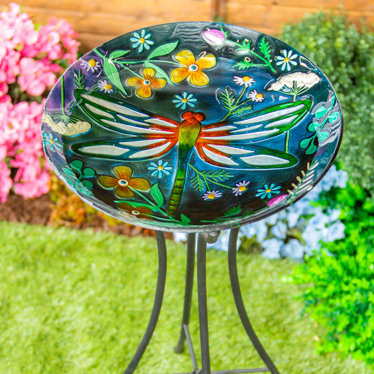 Embossed Glass Bird Bath, Dragonfly Meadow, 18in